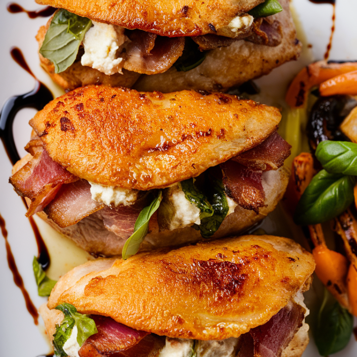 Filled with savory bacon, creamy goat cheese, and fresh basil, this gluten-free stuffed chicken recipe is sure to impress. Perfect for a fancy meal at home! 🍽️✨ #StuffedChicken #GourmetCooking