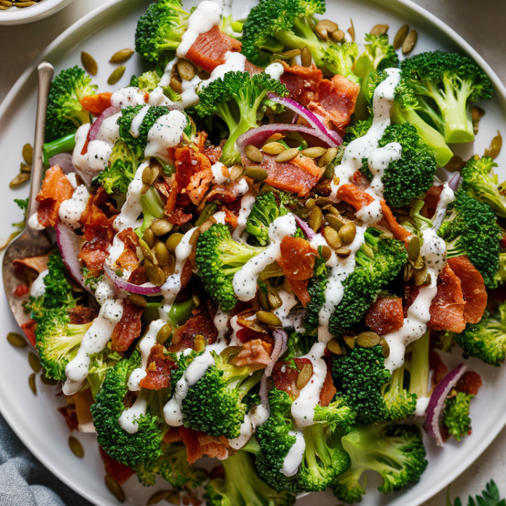 Say goodbye to mayo with this vibrant broccoli bacon salad! Perfect for picnics and potlucks, it features a refreshing lemon dressing and the perfect crunch from toasted pumpkin seeds. 🥗✨ #HealthyEating #SummerSalad