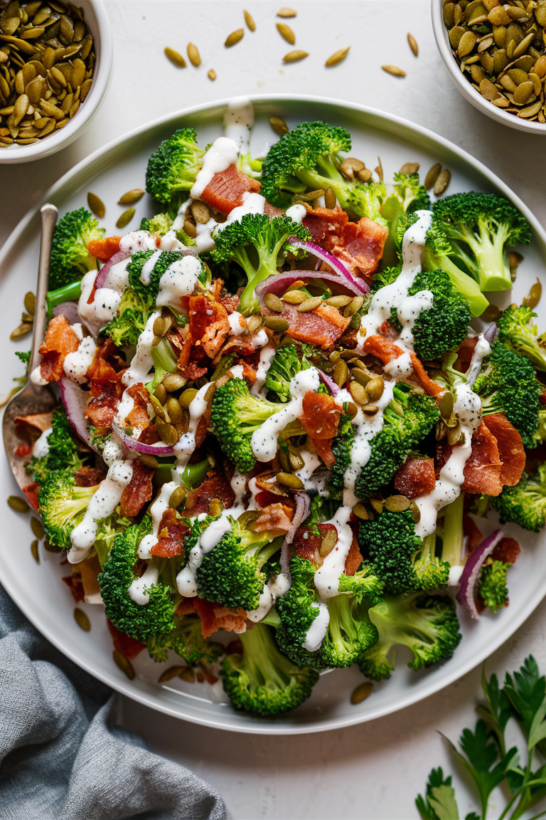 Say goodbye to mayo with this vibrant broccoli bacon salad! Perfect for picnics and potlucks, it features a refreshing lemon dressing and the perfect crunch from toasted pumpkin seeds. 🥗✨ #HealthyEating #SummerSalad
