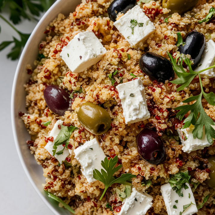 Enjoy a refreshing and nutritious meal with our Quinoa Salad, inspired by Mediterranean flavors! Packed with quinoa, creamy feta, and savory olives, this salad is a delightful mix of textures and tastes. Ideal for any occasion, from light lunches to festive gatherings. 🌿 #FreshEats #HealthyLiving