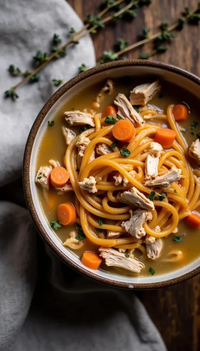 Juicy chicken, tender spiralized sweet potatoes, and a savory broth make this nourishing soup perfect for any night. #healthyrecipes #souprecipes #comfortfood