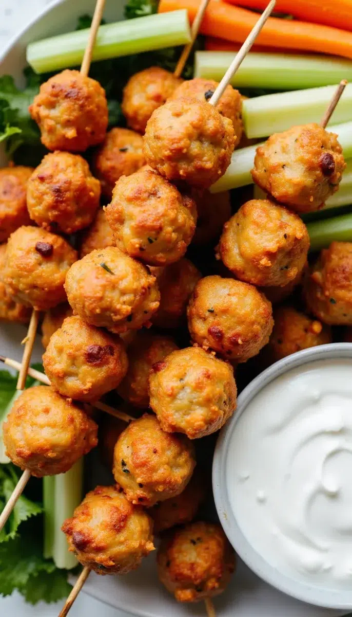 Creamy, spicy, and so fun to eat—these Buffalo Chicken Meatball Skewers will be your new favorite crowd-pleaser. #easyappetizers #gamedayfood #partyrecipes