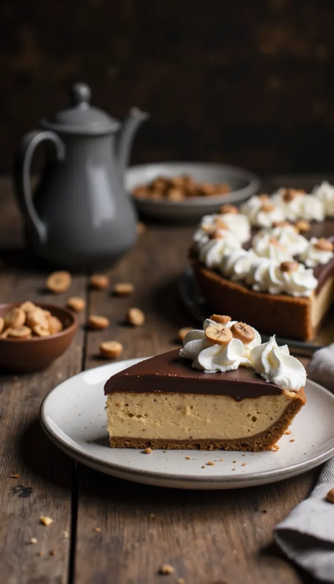 The ultimate indulgent dessert: a chocolate cookie crust filled with peanut butter custard, bananas, and ganache. Heaven! #CreamPie #BananaDessert #EasyRecipes