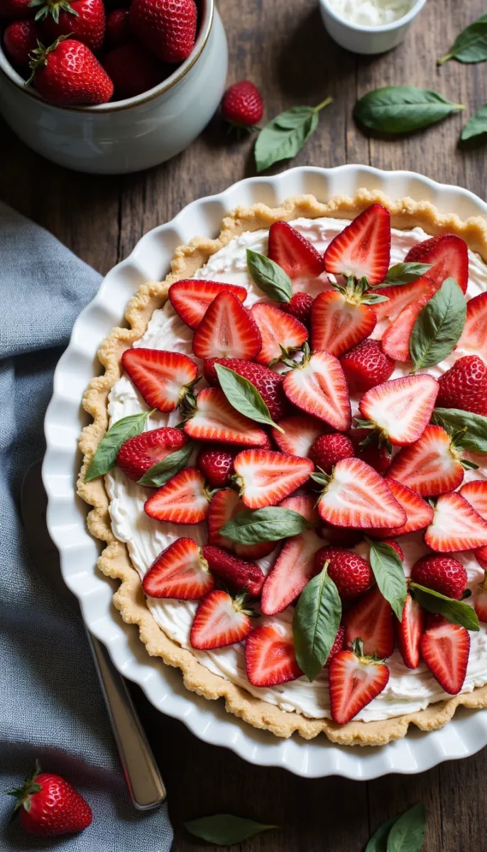 A fresh, elegant twist on cream pie with roasted strawberries and basil—perfect for picnics and brunch! #SummerPies #CreamPie #BakingInspiration