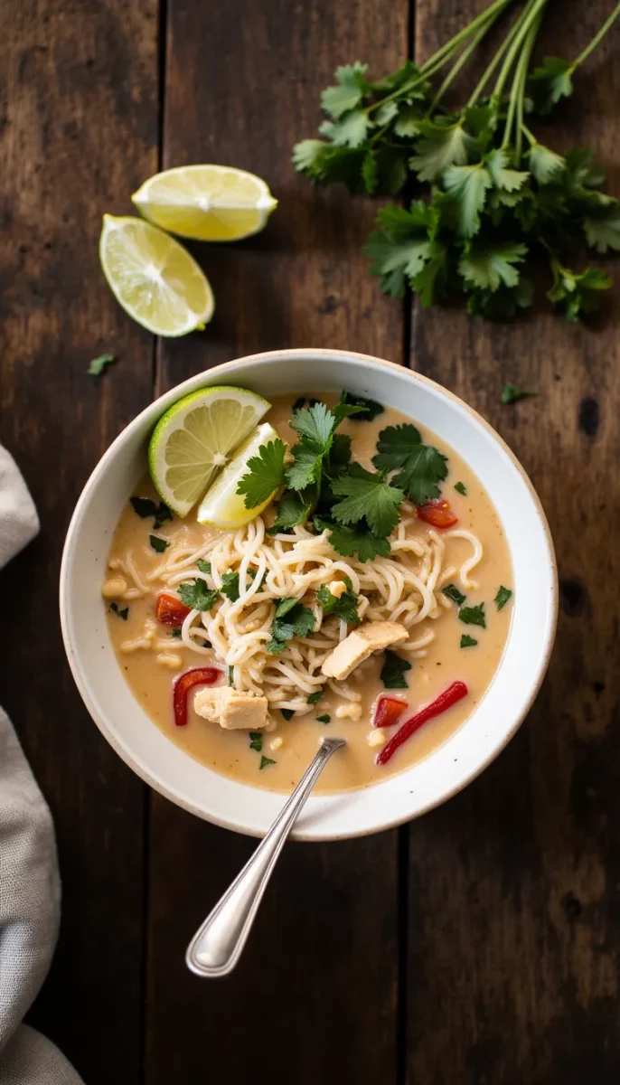 Creamy coconut broth, tender chicken, and rice noodles—this Thai Coconut Chicken Noodle Soup is gluten-free comfort in a bowl. #chickennoodlesoup #thaifood #glutenfree