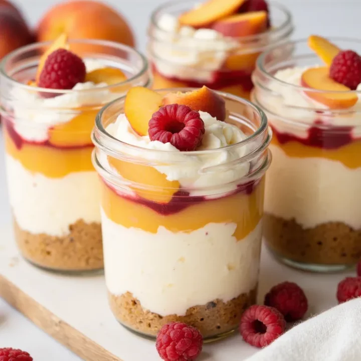 These Peach Melba No-Bake Cheesecake Jars are the ultimate easy summer dessert! 🍑🍰 Creamy, fruity, and completely gluten-free—no one will guess they’re made without gluten. Perfect for BBQs, picnics, or make-ahead treats everyone will love. Save this recipe for your next cookout! #GlutenFreeDessert #NoBakeCheesecake #SummerRecipes
