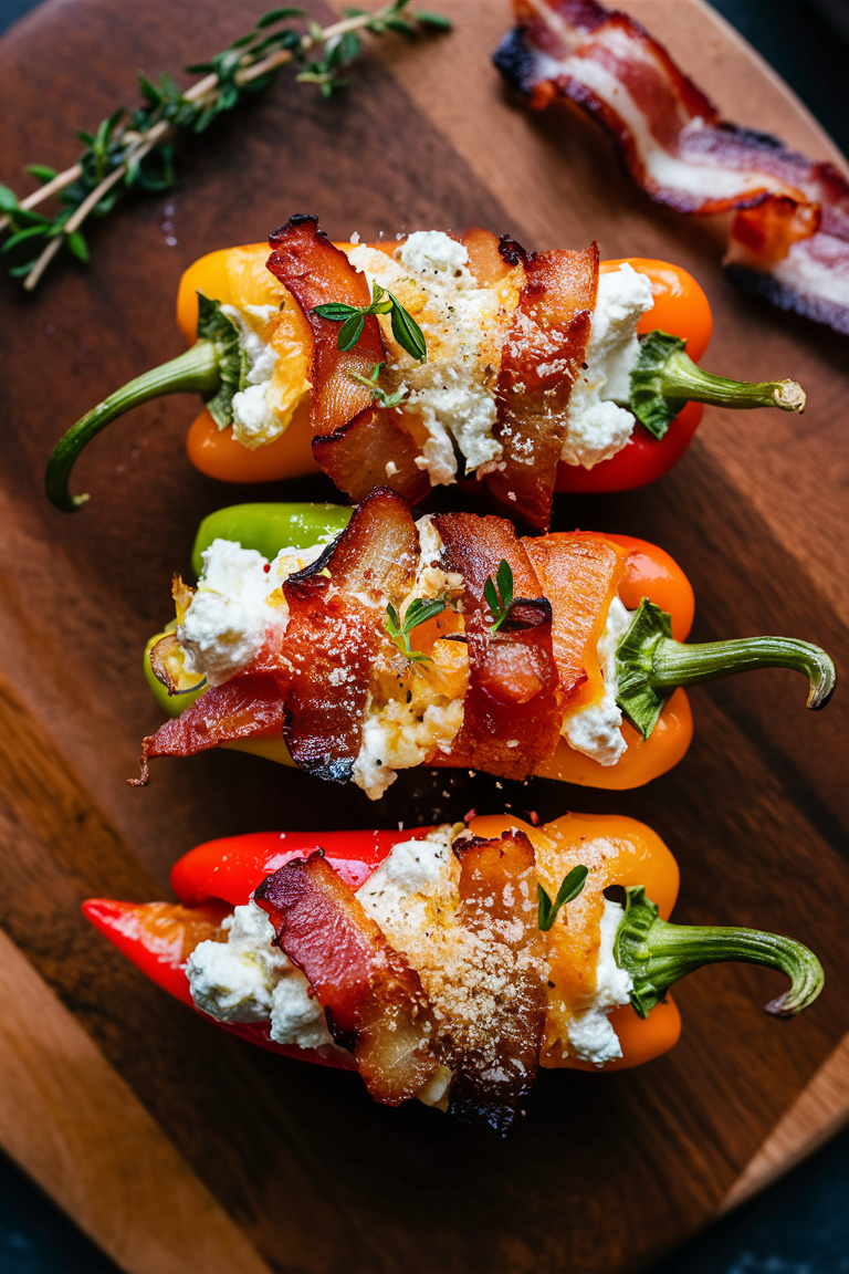 Craving a quick, tasty treat? Dive into our 3 Cheese & Bacon Stuffed Mini Sweet Peppers! Ready in under 15 minutes, these bite-sized delights are packed with cheesy, bacon goodness. Perfect for any occasion! 😋✨ #AppetizerGoals #QuickEats