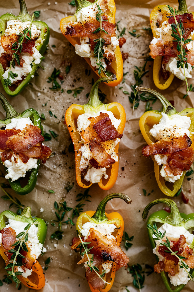 Whip up these 3 Cheese & Bacon Stuffed Mini Sweet Peppers for a flavor explosion in every bite! Quick, easy, and insanely delicious, they're ready in just 15 minutes. Perfect for satisfying those snack cravings! 😋💫 #EasyAppetizers #FoodieFaves