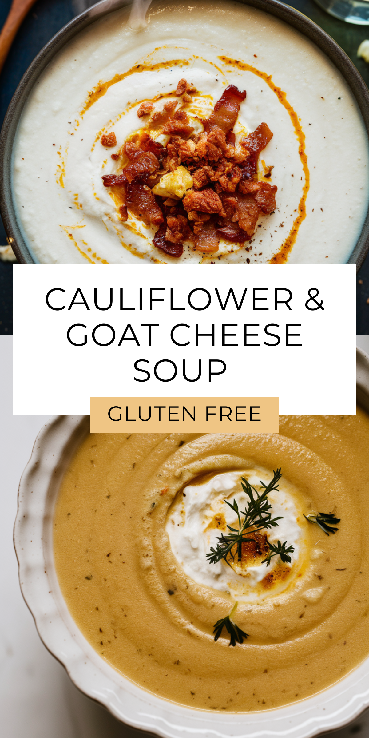 Dive into a bowl of our sophisticated Cauliflower & Goat Cheese Soup! The delicate flavors of cauliflower perfectly blend with creamy, tangy goat cheese. This gluten-free soup is both comforting and fancy, ideal for any dinner. 🍽️💚 #HealthyEating #SoupLovers