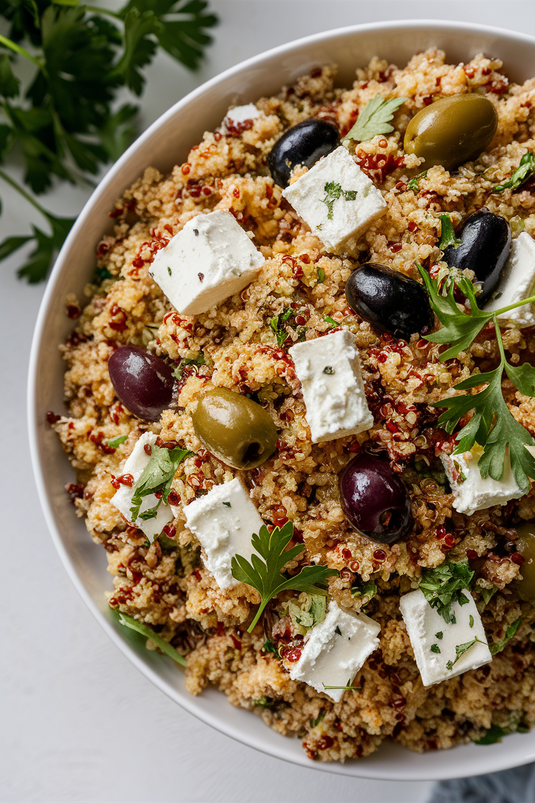 Indulge in the fresh and vibrant flavors of our Mediterranean Quinoa Salad! This wholesome dish features fluffy quinoa, tangy feta cheese, and briny olives, creating a delicious and nutritious meal. Perfect for lunches, picnics, and dinner parties! 🥗 #QuinoaDelight #MediterraneanFlavors
