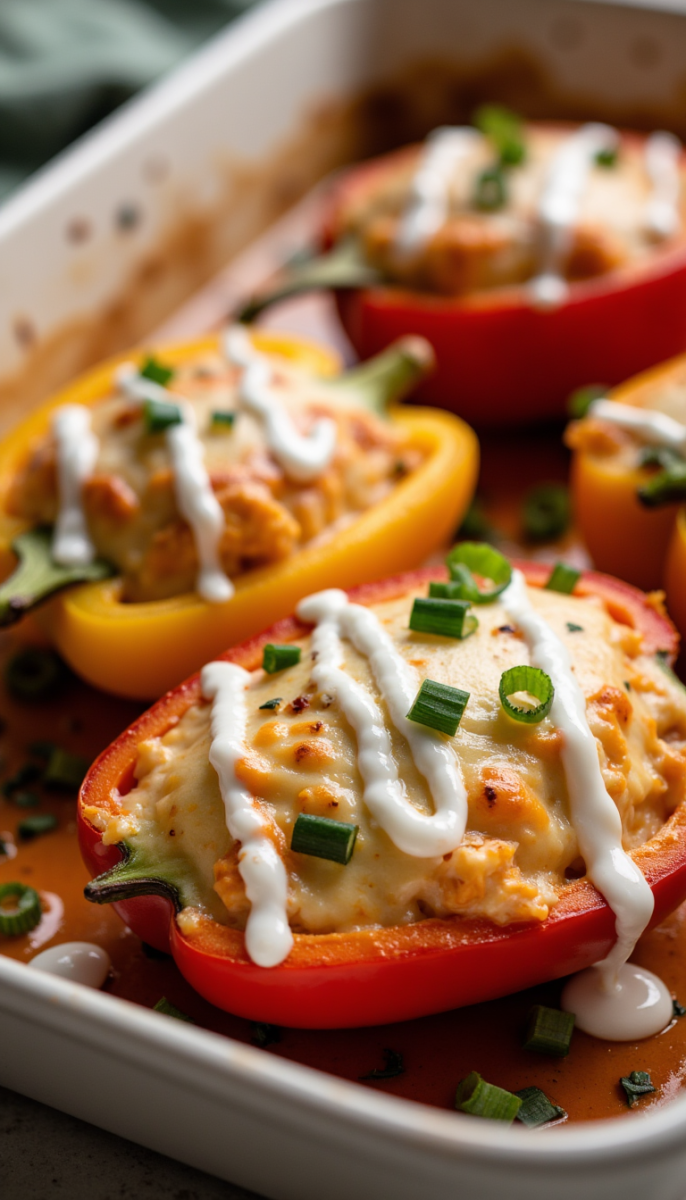 Creamy, spicy, and packed with protein—these Buffalo Chicken Stuffed Peppers are a gluten-free twist on your favorite dip. #buffalochicken #glutenfreeappetizers #stuffedpeppers