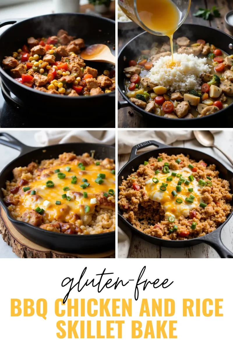 Make dinner easy with this BBQ Chicken and Rice Skillet Bake—juicy BBQ chicken, tender rice, and veggies baked in one skillet for a cheesy, comforting, gluten-free meal your whole family will love!