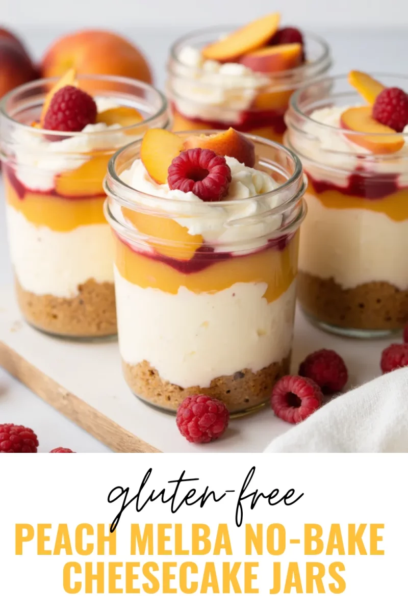 These cute Peach Melba Cheesecake Jars are bursting with creamy, fruity layers! 🍑 Perfect make-ahead gluten-free desserts for summer BBQs and picnics—no baking required. Your guests will never guess they’re gluten-free! #NoBakeDessert #GlutenFreeRecipes #SummerTreats