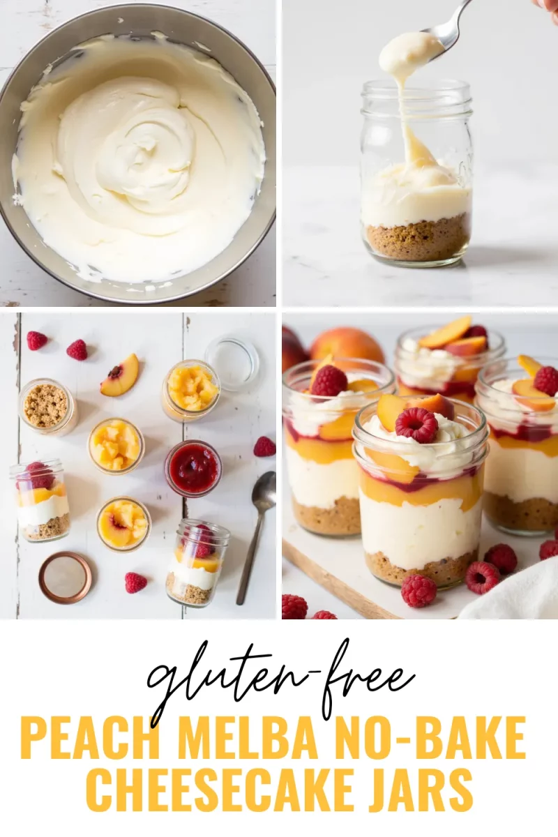 Make these dreamy Peach Melba No-Bake Cheesecake Jars for your next cookout! 🍑 Layers of gluten-free graham crust, creamy cheesecake, sweet peaches, and tart raspberries—so easy, everyone will want seconds! #EasyDessert #GlutenFreeDessert #NoBakeCheesecake