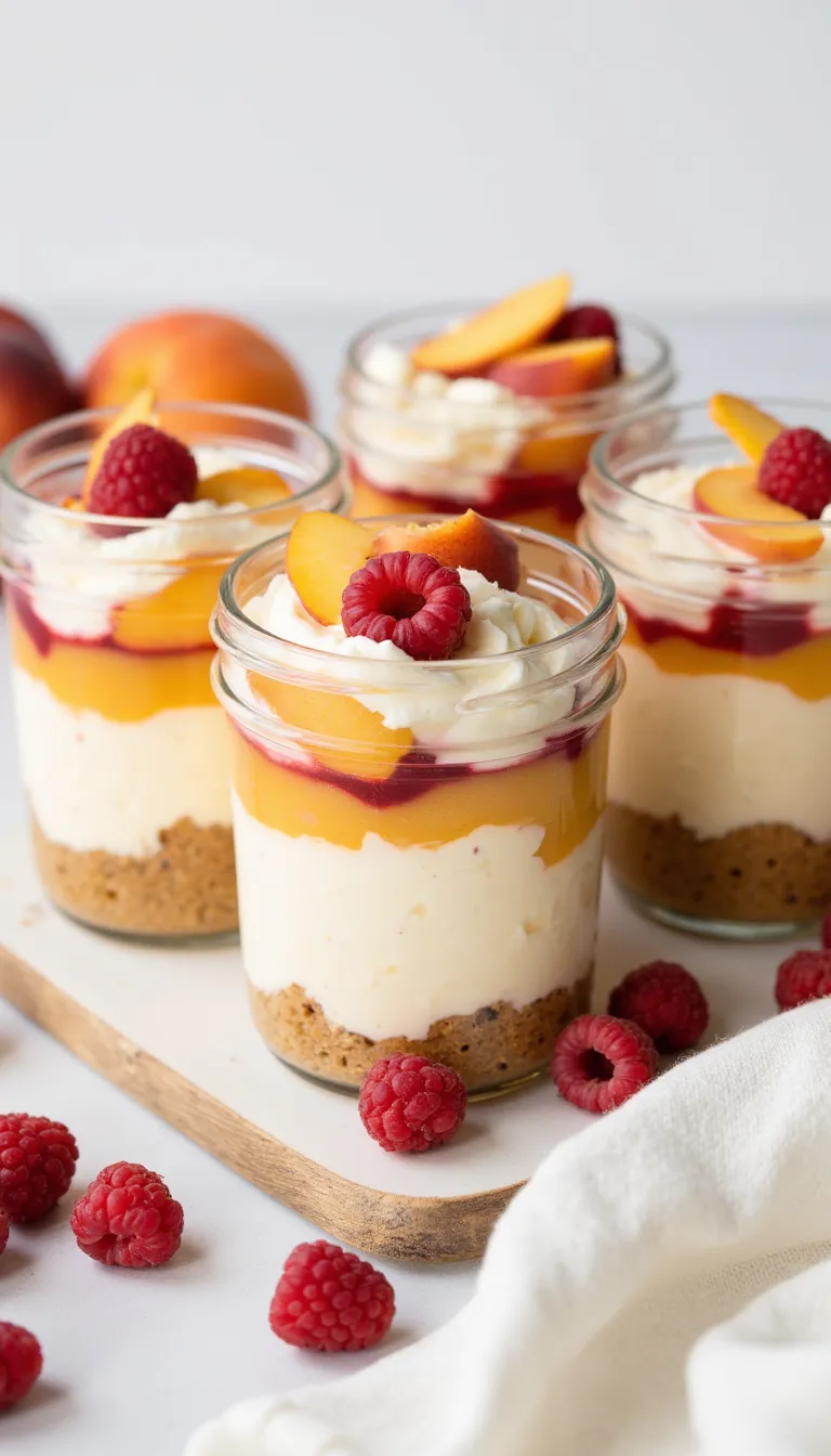 These Peach Melba No-Bake Cheesecake Jars are the ultimate easy summer dessert! 🍑🍰 Creamy, fruity, and completely gluten-free—no one will guess they’re made without gluten. Perfect for BBQs, picnics, or make-ahead treats everyone will love. Save this recipe for your next cookout! #GlutenFreeDessert #NoBakeCheesecake #SummerRecipes