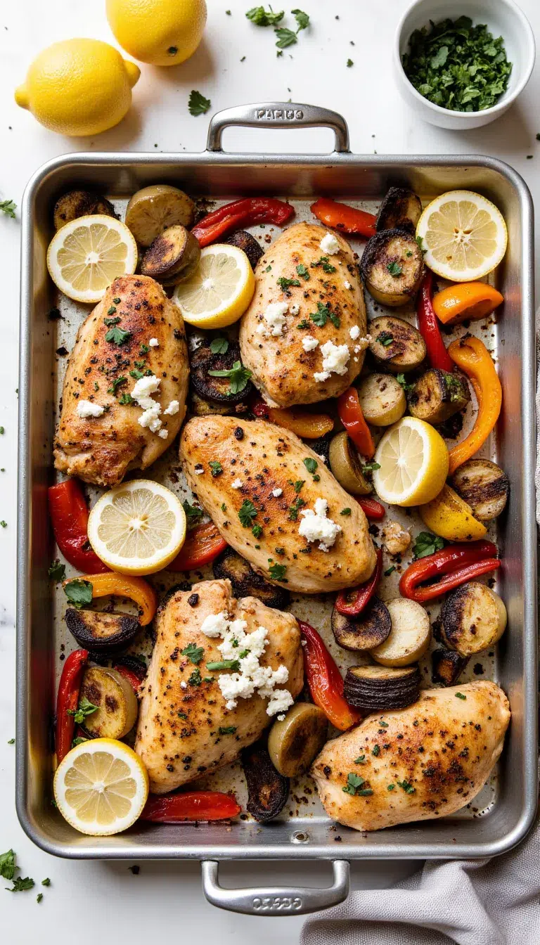 Busy weeknight? This Sheet Pan Greek Chicken with peppers, onions & feta is your new go-to! One pan, no fuss, and packed with Mediterranean flavor. Naturally gluten-free and totally delicious. #SheetPanDinner #GreekChicken #GlutenFreeRecipes #EasyDinners #OnePanMeal